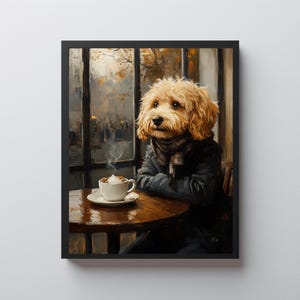 Cavapoo Cafe Wall Art, Dressed Scarf Autumn Oil Painting Style Print, Kitchen Coffee Decor, Dog Lover Gift