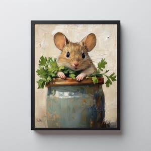 May include: A framed art print featuring a charming mouse peering out from a rustic blue and brown pot filled with green herbs. The mouse has tan fur and large ears, set against a neutral background.