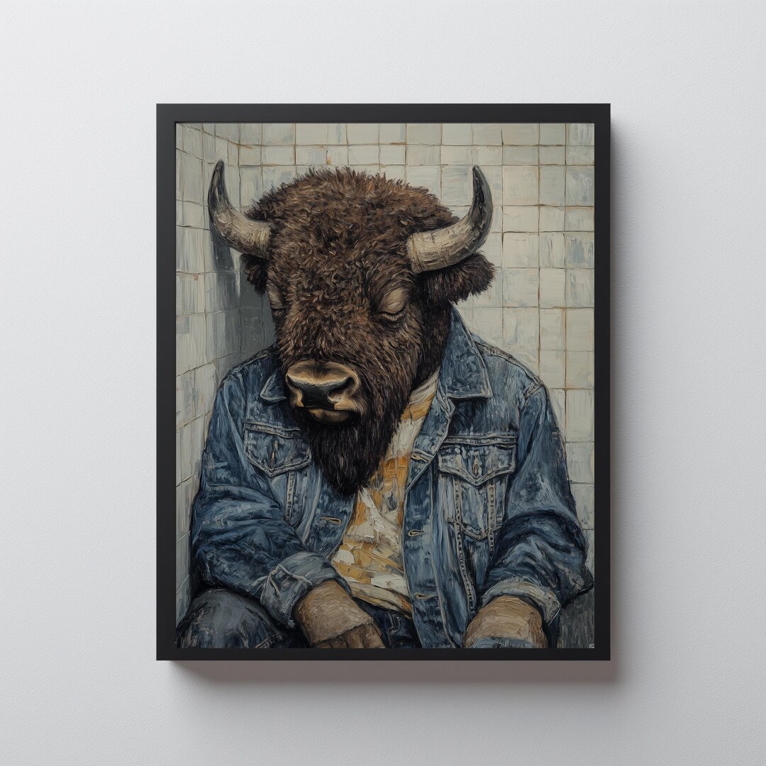 Rustic Bison Portrait in Denim Jacket - Moody Farmhouse Wall Art ...