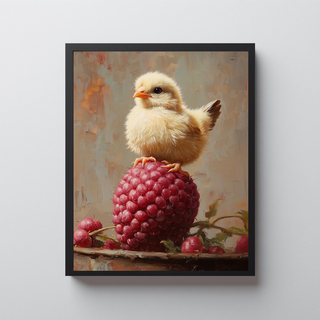Baby Raspberry Print Baby Chick Kitchen Wall Art, Chick on Raspberry Print, Farmhouse Oil ...