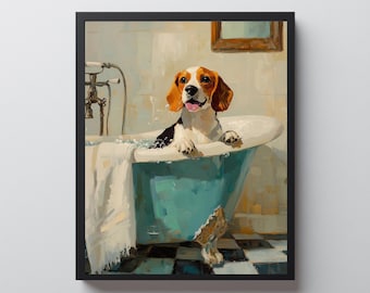 May include: A framed painting of a beagle dog in a teal bathtub with bubbles. The dog has brown and white fur and is looking at the viewer with its tongue out. The bathroom has a black and white checkered floor and a white towel.