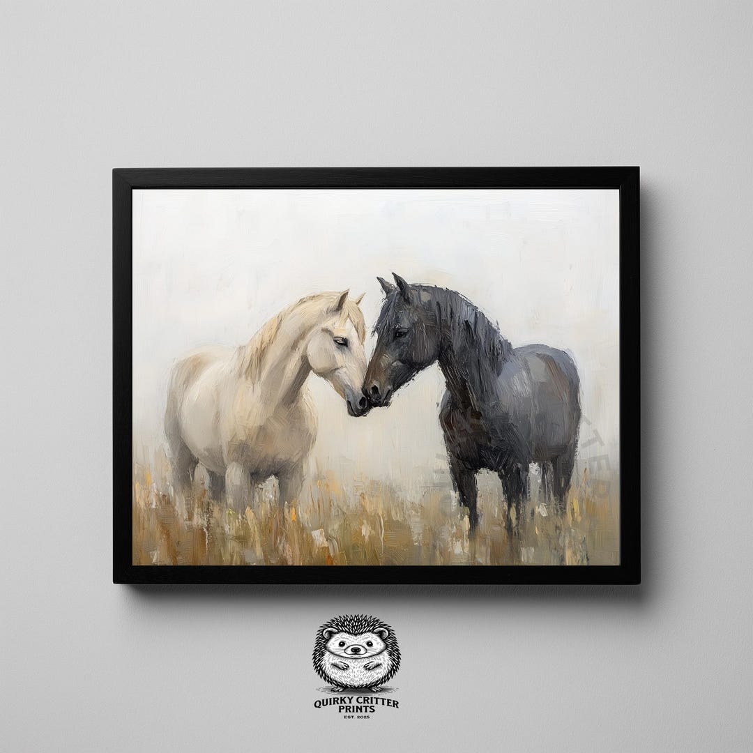 Two Horses Nuzzling in Misty Field - Textured Romantic Farmhouse Decor ...