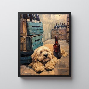 Peut inclure: Représentation artistique d'un chien de couleur dorée se reposant près d'une bouteille de vin. Le chien est allongé sur un sol en bois, avec des caisses en bois et des bouteilles de vin en arrière-plan. Les caisses ont du texte.