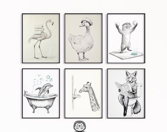 Funny Animal Bathroom Art Set of 6, Black and White Sketch Prints