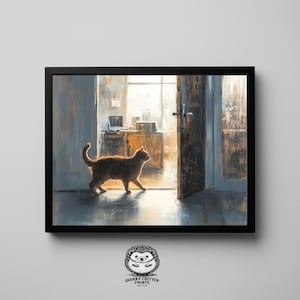 May include: A framed print of an orange tabby cat walking through an open doorway. The artwork has a painterly style with soft lighting and a blurred background of an office space. The print is in a black frame.