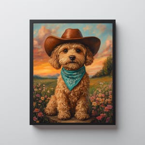 Peut inclure: Peinture encadrée d'un chien brun clair portant un chapeau de cow-boy marron et un bandana turquoise. Le chien est assis dans un champ de fleurs sauvages avec un coucher de soleil en arrière-plan.