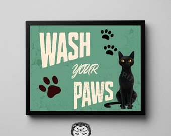 Cat Bathroom Wall Art, Funny Wash Your Paws Sign, Retro Decor Humorous Gift For Cat Lovers