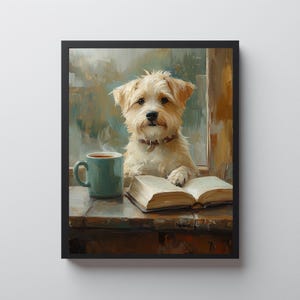 May include: A framed painting depicts a small, fluffy dog with a book and a mug of tea. The dog, with light brown fur, sits by a window, paws on an open book. A teal mug with steam rises from it. The painting has a warm, inviting feel.