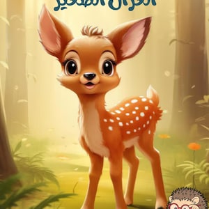 May include: A children's book cover featuring a cartoon fawn with large eyes and white spots on its back. The title is in Arabic script, with the words "The Little Deer" visible. A cartoon hedgehog reads a book in the lower right corner.