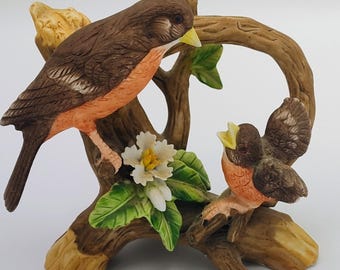 Figura de pájaro de porcelana vintage Dos pájaros Madre e hijo