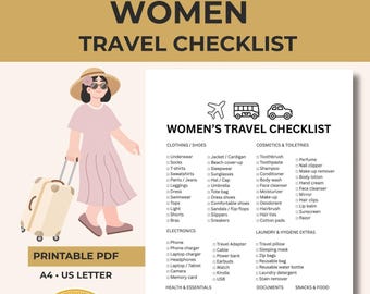 Travel Packing List Printable, Vacation Checklist PDF, Women Trip Planner A4 US Letter