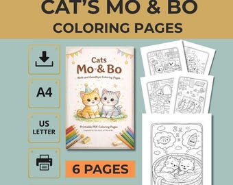 Cat Coloring Pages for Kids 4-8 Mo and Bo Story Printable PDF 6 Designs