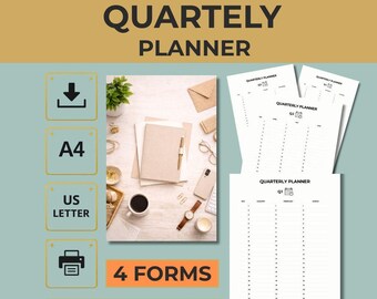 Printable Quarterly Planner PDF Q1 Q2 Q3 Q4 Minimalist Productivity Planner A4 US Letter