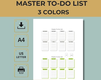 Master To Do List Printable PDF 3 Color Versions A4 US Letter Task Planner