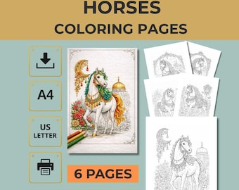 Vintage Boho Horse Coloring Pages for Adults (6 Designs, PDF Download)