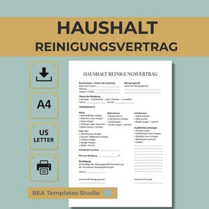 Reinigungsvertrag Haushalt Vorlage Putzvertrag PDF A4 US Letter