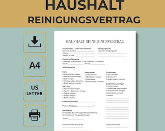 Reinigungsvertrag Vorlage Haushalt PDF (A4, US Letter), Putzvertrag Muster, Dienstleistungsvertrag Reinigung