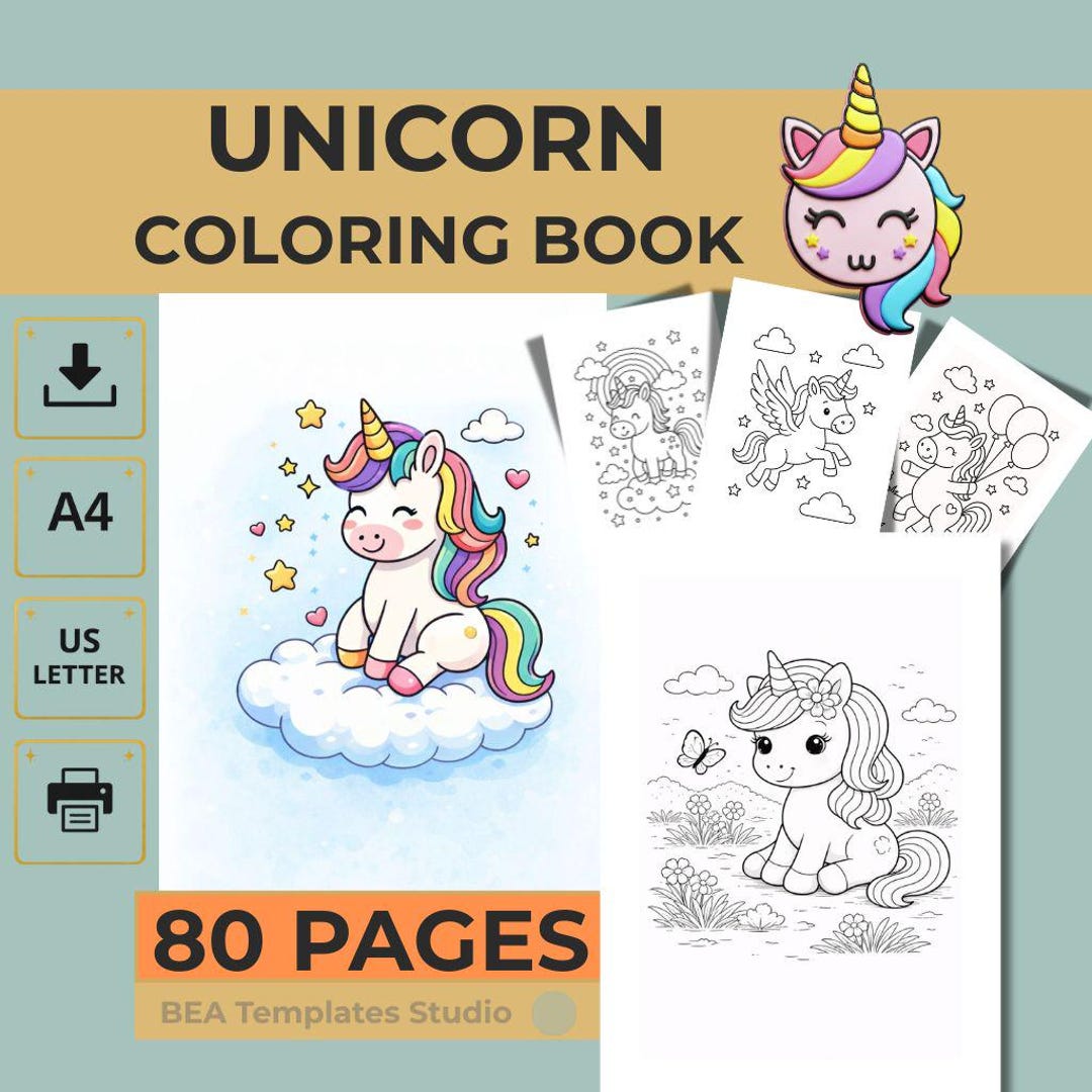 Unicorn Coloring Pages for Kids, 80 Printable Sheets, Kids Activity ...