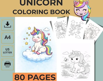 Unicorn Coloring Pages for Kids, 80 Printable Sheets, Kids Activity Book PDF, Instant Download