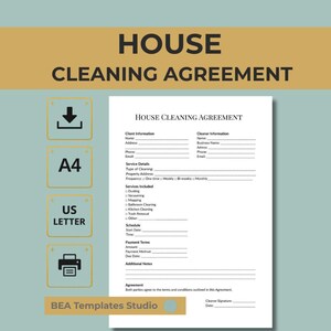 House Cleaning Agreement Vorlage – Reinigungsvertrag PDF – Service Vertrag für Putzfirma – A4 & US Letter – Sofort Download