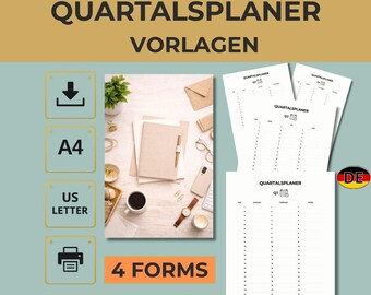 Quarterly Planner Templates (Q1-Q4) Minimalist PDF (A4/US Letter)
