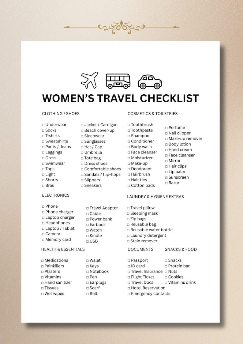 Travel Packing List Printable, Vacation Checklist PDF, Women Trip ...