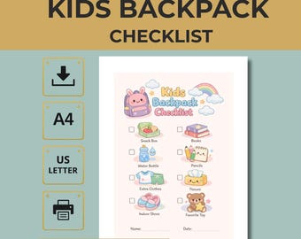 Kids Backpack Checklist Printable Morning Routine for School Kindergarten English PDF A4 US Letter