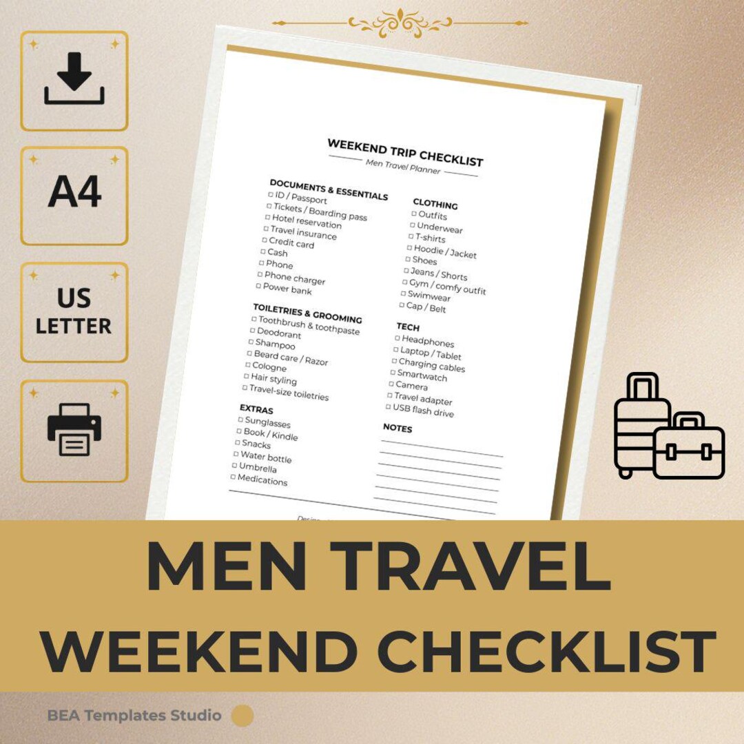Men Weekend Trip Checklist Printable PDF Packing List for Short Trips ...