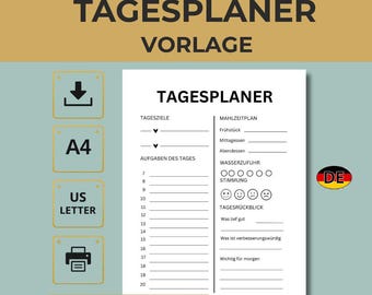 Tagesplaner Druckbare Vorlage A4 PDF Tagesplan Mahlzeitenplan Stimmung Wasserzufuhr Aufgabenliste