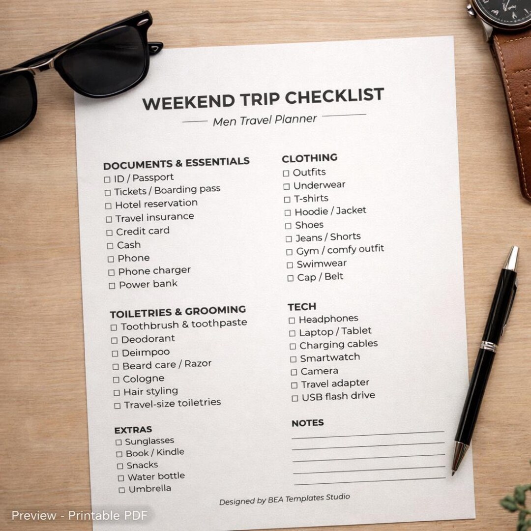 Men Weekend Trip Checklist Printable PDF | Men-travel Planner | Packing ...
