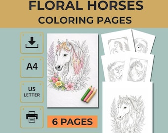 Floral Horse Coloring Pages Printable PDF 6 Elegant Designs for Adults A4 US Letter