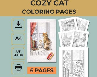 Cozy Cat Coloring Pages Printable PDF 6 Designs for Adults A4 US Letter