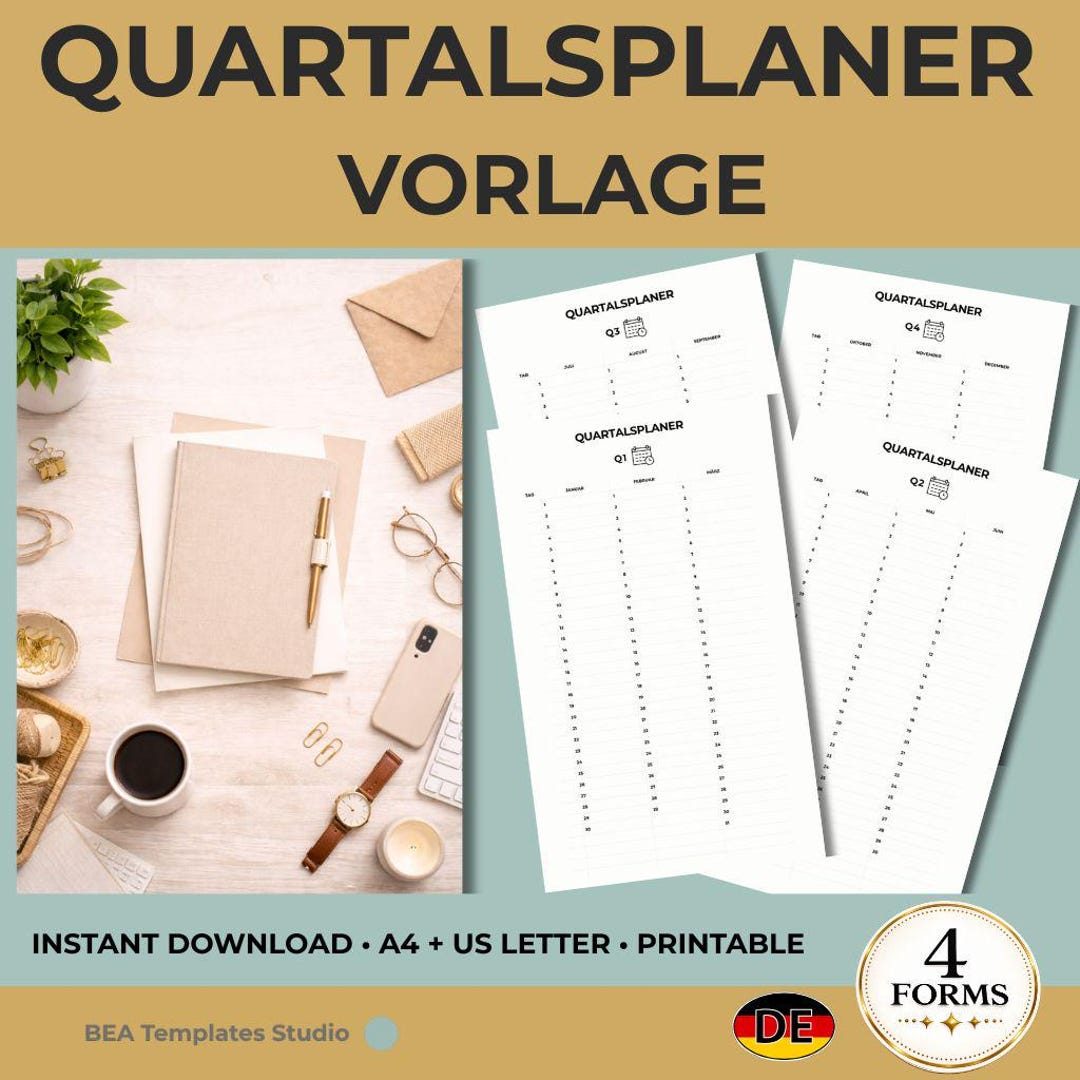 Vierteljahresplaner zum Ausdrucken PDF 4 Monate Q1 Q2 Q3 Q4