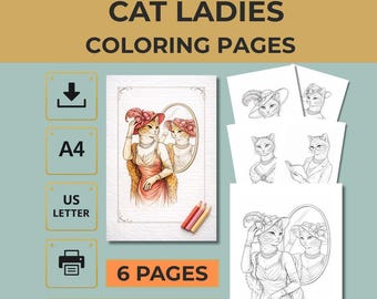 Vintage Cat Ladies Coloring Pages: Elegant Designs for Adults (Digital Download)