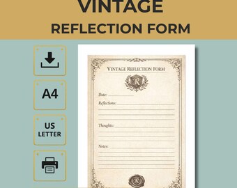 Vintage Reflection Form, Daily Journal Page, Mindfulness Worksheet (A4 US Letter)