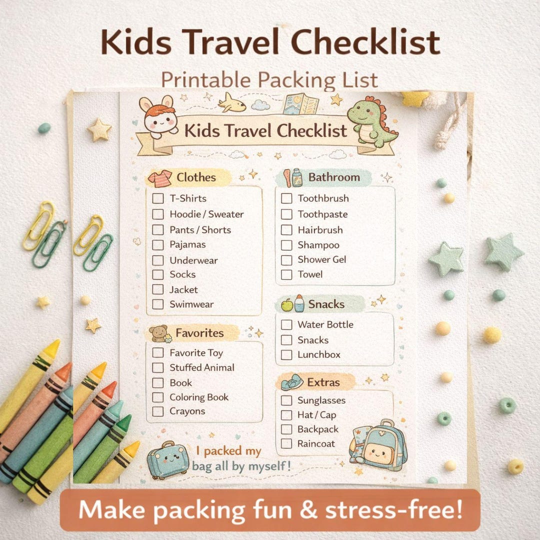 Kids-travel Checklist Printable, Packing List for Kids, Family Vacation