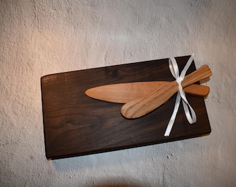 Cherry Wood Charcuterie Board Set with Oak Butter Knife, Rustic Serving Board