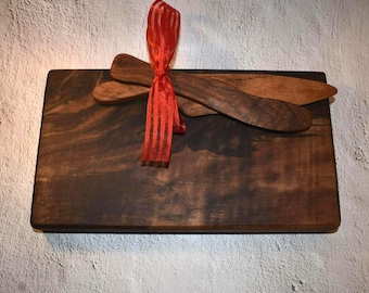 Small Cherry Serving Board Set | Cherry Wood Cheese & Butter Board with Mesquite wood Utensils | Gift for Food Lovers/ Unique Hostess Gift