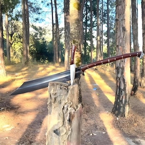 May include: A large sword with a dark blade and a wooden handle, alongside a smaller matching knife. The sword rests on a wooden stump in a forest. The handle is dark brown with white accents.
