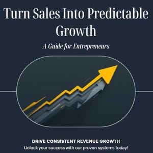 Może przedstawiać: Okładka książki z tytułem "Turn Sales Into Predictable Growth" i podtytułem "A Guide for Entrepreneurs". Okładka przedstawia stylizowaną strzałkę skierowaną w górę, symbolizującą wzrost. Tło jest ciemnoniebieskie z pomarańczowymi akcentami.