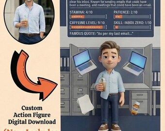 Aangepast portret actiefiguur van foto | Grappig cadeau voor collega | Digitale download | Bevat nu ook de achterkant van de doos!