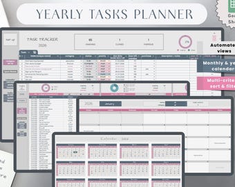 Puede incluir: Un planificador de tareas anual digital para Google Sheets que incluye seguimiento de tareas, vistas de calendario mensuales y anuales, y clasificación automatizada. La interfaz muestra listas de tareas y gráficos de progreso.