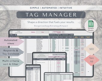 Puede incluir: Una interfaz de hoja de cálculo digital titulada Tag Manager y Tag Tracker, con columnas para etiquetas de proyecto, recuento de caracteres y estado. La pantalla incluye etiquetas de texto para vistas automatizadas, palabras clave, base de datos de etiquetas y clasificación y filtrado multicriterio.