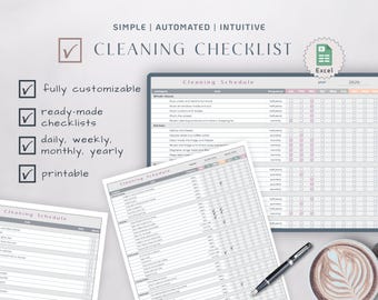 Puede incluir: Una plantilla de lista de limpieza digital para Excel con un calendario para 2026. El diseño incluye columnas para tareas, frecuencia y meses. El texto dice: SIMPLE | AUTOMATED | INTUITIVE, CLEANING CHECKLIST, fully customizable, ready-made checklists, daily, weekly, monthly, yearly, printable.