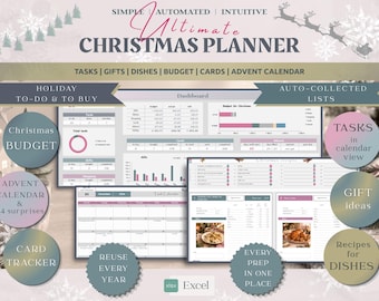 Planificador navideño definitivo en formato de hoja de cálculo, lista de tareas navideñas en Excel, registro de tarjetas, plan de comidas, organizador de vacaciones.