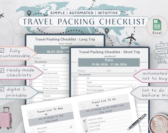 Puede incluir: Una plantilla digital de lista de equipaje para Excel con secciones para viajes largos y cortos, incluyendo listas de documentos, ropa, artículos para comprar y tareas antes del viaje. El diseño incluye etiquetas como totalmente personalizable, listas preparadas, digital e imprimible, lista de compras automatizada y lista de tareas antes del viaje.