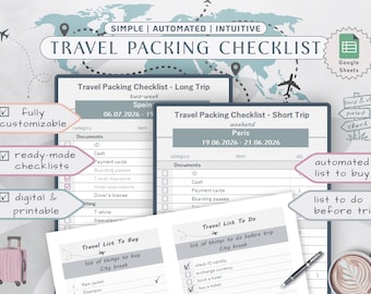 Lista de equipaje para viajes, lista de verificación para planificar viajes en Google Sheets, lista de cosas para comprar y para hacer.