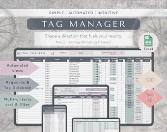 Puede incluir: Una herramienta de marketing digital, "Tag Manager", se muestra en múltiples dispositivos, incluyendo un portátil, una tableta y un teléfono. La interfaz muestra análisis de datos con funciones como vistas automatizadas, bases de datos de palabras clave y clasificación multicriterio. La imagen incluye el texto "Shape a direction that fuels your results."