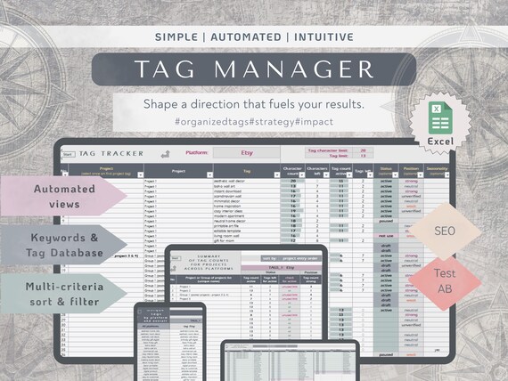 Tag Manager Spreadsheet, Excel Keyword Tracker For Online Sellers, SEO Planner
