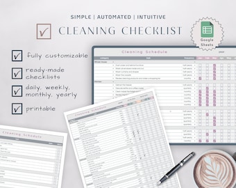 Puede incluir: Una plantilla digital de lista de control de limpieza para Google Sheets que presenta una cuadrícula de calendario de limpieza con categorías, tareas y columnas de frecuencia. El texto dice Simple, Automated, Intuitive, Cleaning Checklist, fully customizable, ready-made checklists, daily, weekly, monthly, yearly y printable.